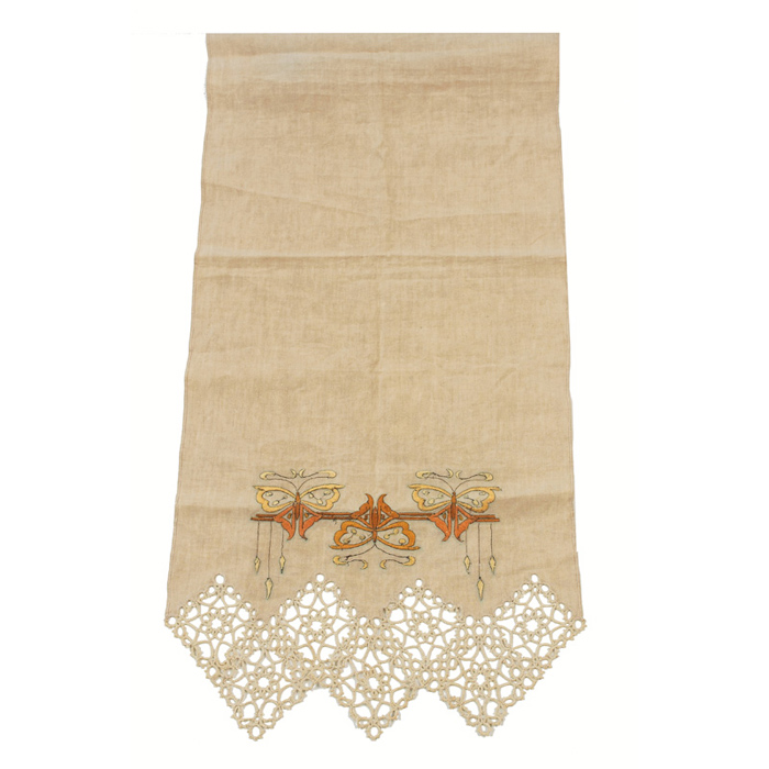 Appraisal: Arts Crafts linen beige with butterfly pattern to ends w