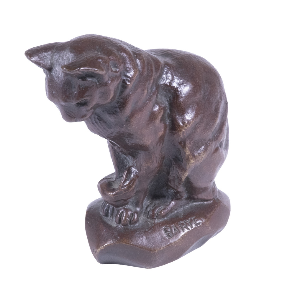 Appraisal: ALFRED BARYE FRANCE - Seated Cat patinated bronze sculpture signed