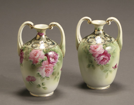 Appraisal: Pair of Nippon Rose Bouquet Vases Each with Blue Printed