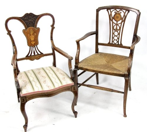 Appraisal: Two Edwardian inlaid armchairs circa