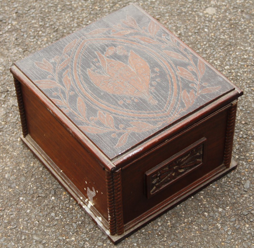 Appraisal: A thC oak deeds or offertory box the hinged lid