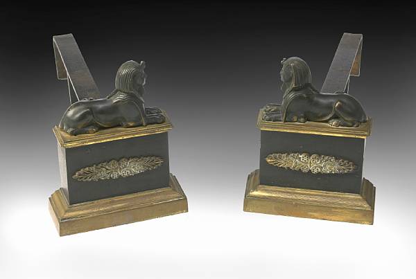 Appraisal: A pair of Empire gilt and patinated bronze chenets first