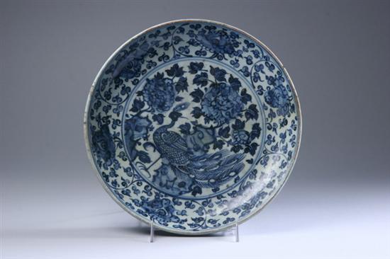 Appraisal: CHINESE BLUE AND WHITE PORCELAIN CHARGER Ming Dynasty Bird and