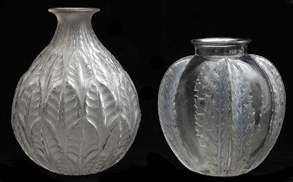 Appraisal: TWO LALIQUE MOLDED GLASS VASES The larger opalescent of pear-form