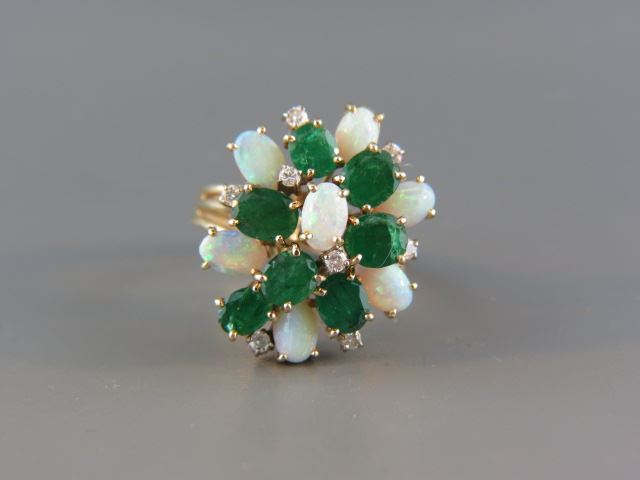 Appraisal: Emerald Opal and Diamond Ring oval emeralds oval fiery opals