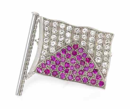 Appraisal: An Karat White Gold Diamond and Ruby Flag Nautical Pin