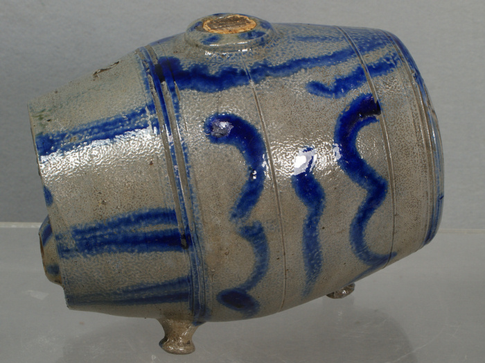 Appraisal: Blue decorated stoneware keg on feet minor chips tall long