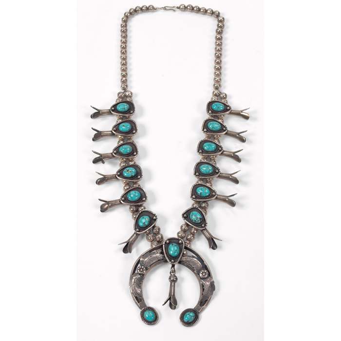 Appraisal: Navajo squash blossom necklace sterling silver and turquoise unsigned pendant