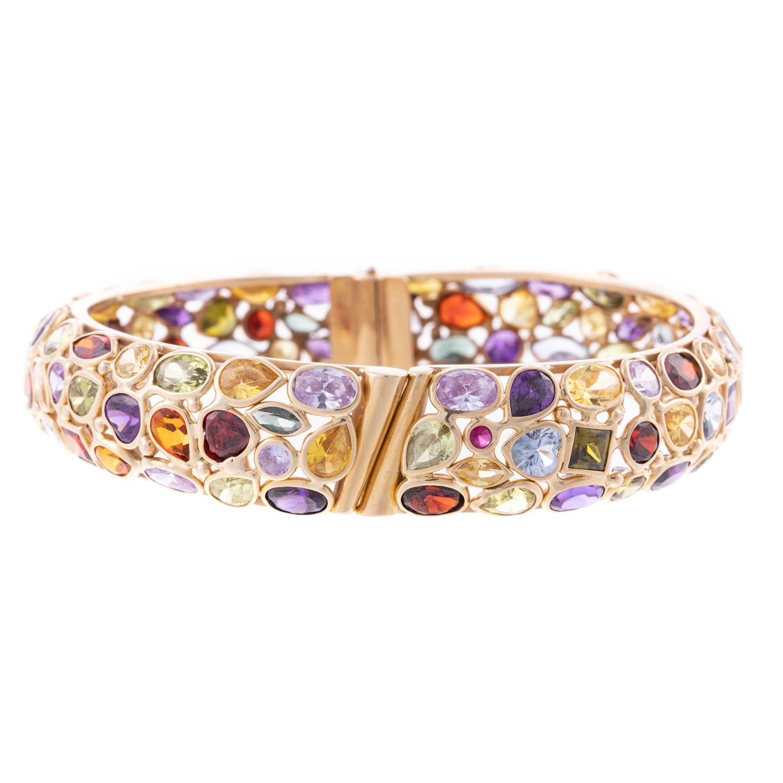 Appraisal: A MULTI-GEMSTONE HINGED BANGLE IN K K yellow gold hinged