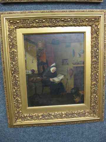 Appraisal: Dutch Oil Painting old woman reading the Bible image area