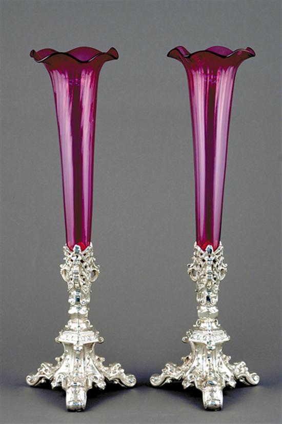 Appraisal: Pair silverplate and ruby glass epergnes flared and fluted vase