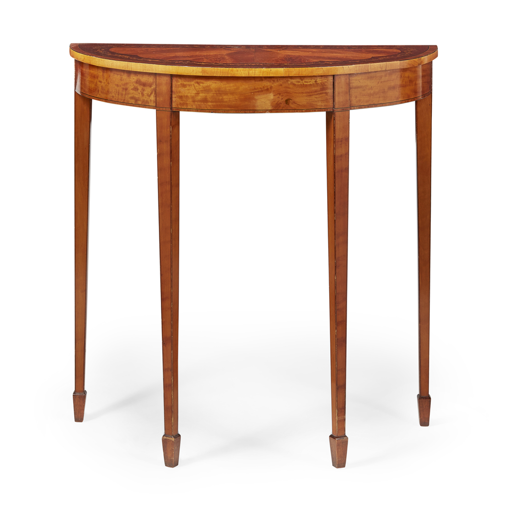 Appraisal: EDWARDIAN SATINWOOD MAHOGANY AND KINGWOOD INLAID DEMILUNE SIDE TABLE EARLY