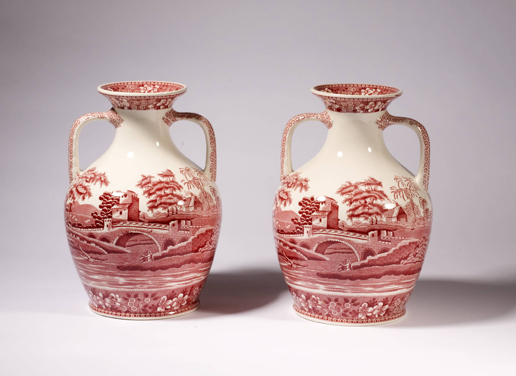 Appraisal: PAIR OF SPODE quot PINK TOWER quot TWO-HANDLED PORTLAND VASES