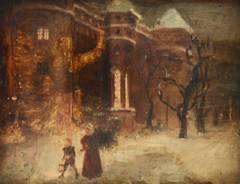 Appraisal: NELLIE MEYER CHRISTMAS EVE IN NYC PAINTING Figures Carrying a