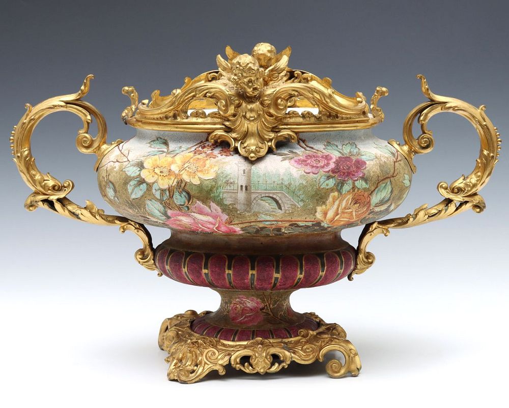 Appraisal: A TH C CONTINENTAL POTTERY URN IN FINE ORMOLU MOUNTS