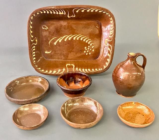 Appraisal: Redware Loaf Dish Jug Five Bowls Redware loaf dish th