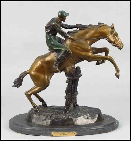 Appraisal: PATINATED BRONZE JUMPING HORSE WITH JOCKEY After Antoine Bofill Raised