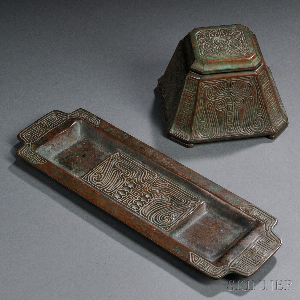 Appraisal: Tiffany Studios Inkwell and Tray Bronze New York - Verdigris