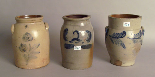 Appraisal: Three cobalt decorated stoneware crocks th c h