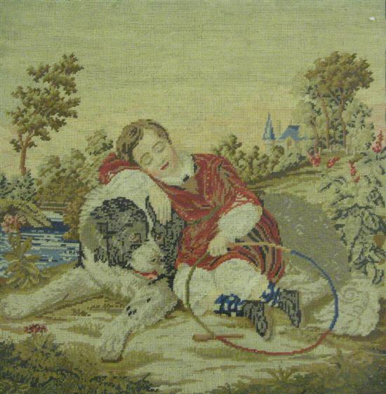 Appraisal: th century woolwork panel of a boy and a dog