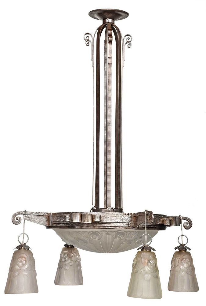 Appraisal: French Art Deco Steel and Frosted Glass Chandelier French probably