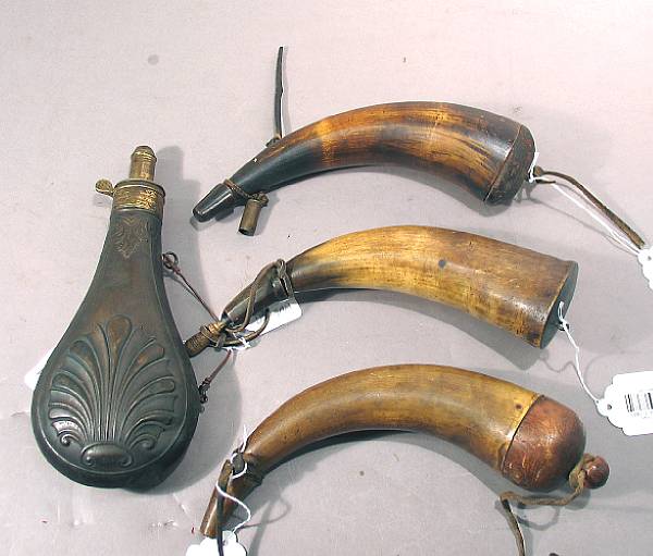 Appraisal: A group of three th century American powder horns and