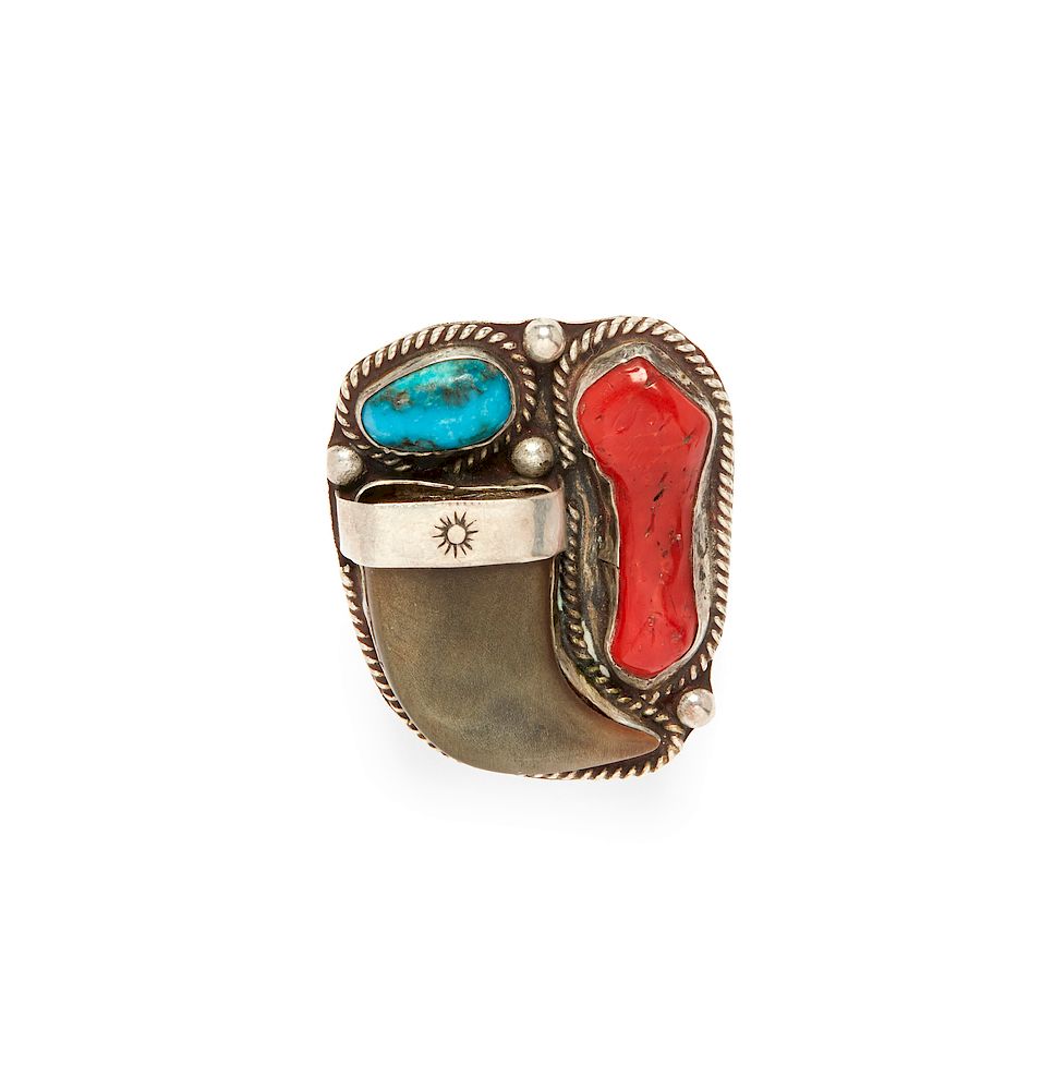 Appraisal: Navajo Turquoise and Coral Bear Claw Ring Navajo turquoise coral