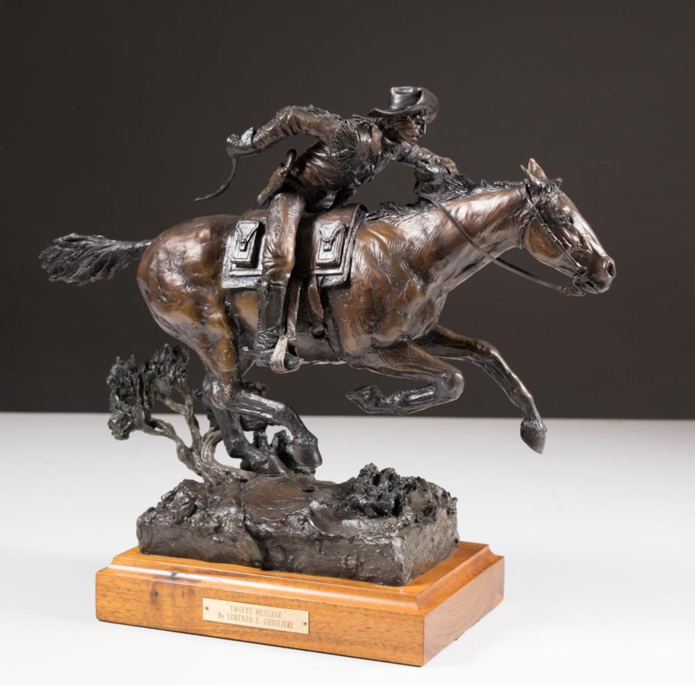 Appraisal: LORENZO GHIGLIERI Oregon born bronze sculpture Urgent Message rider on