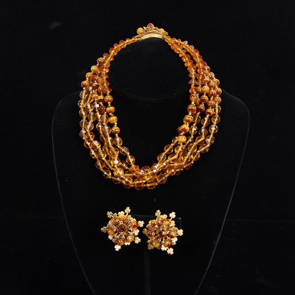 Appraisal: Miriam Haskell pc Amber Colored Multi-Strand Necklace Clip Earrings