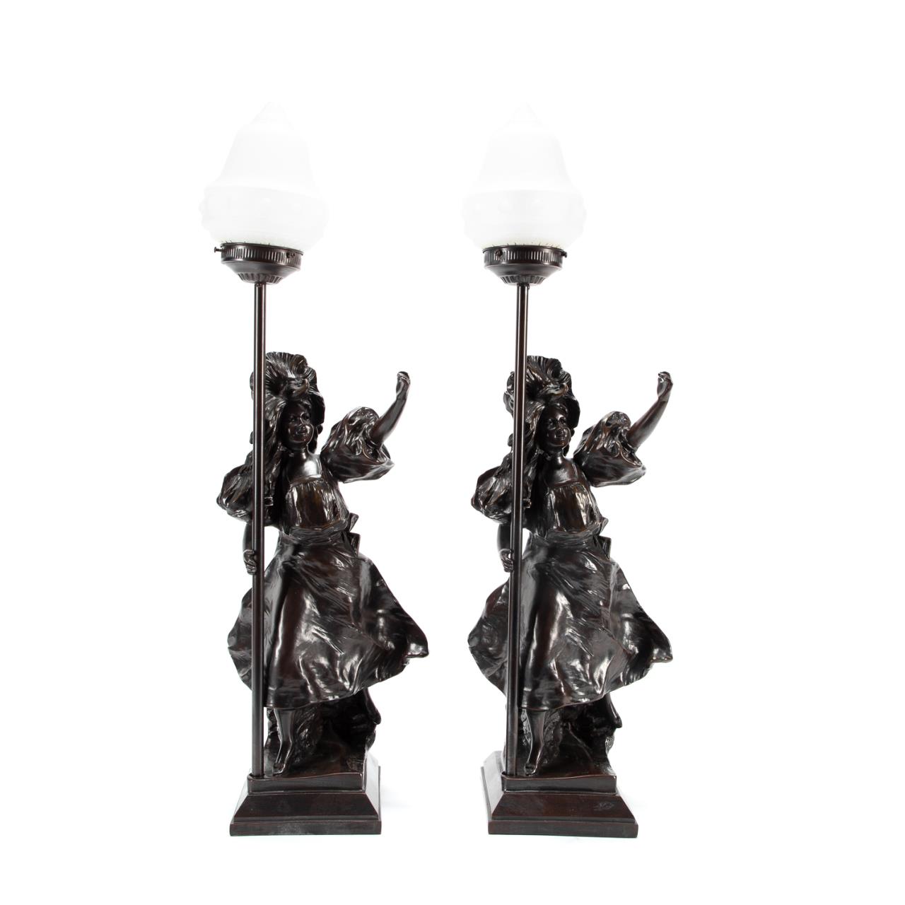 Appraisal: AFTER VICTOR BRUYNEEL PR BRONZE FIGURAL LAMPS Possibly Continental after