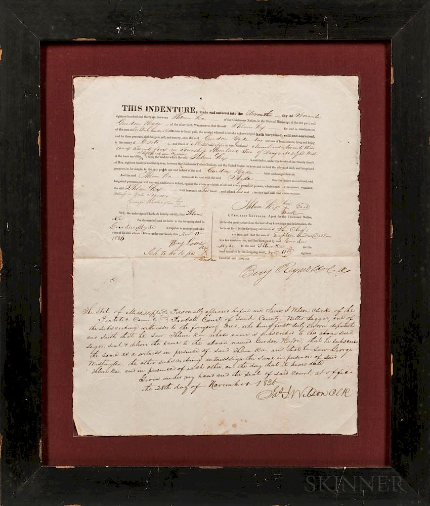 Appraisal: Two Framed Chickasaw Indian Land Purchase Documents Related to Gurdon