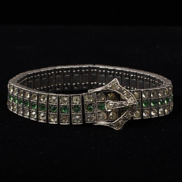 Appraisal: Edwardian Art Deco Sterling Silver Bracelet with Emerald Clear Paste