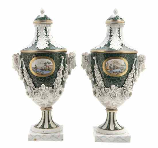 Appraisal: A Pair of English Porcelain Covered Urns retailed by Ovington