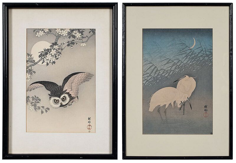 Appraisal: Ohara Koson Japanese - Scops Owl Flying Under Cherry Blossom