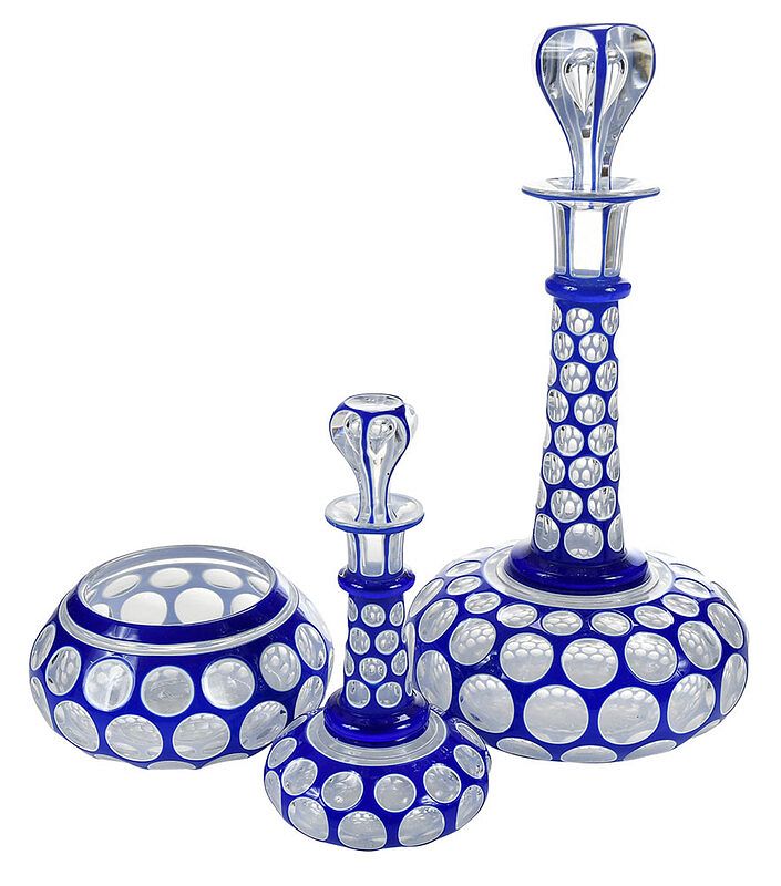 Appraisal: Three Pieces Bohemian Cobalt Cut to Clear Glass Continental late