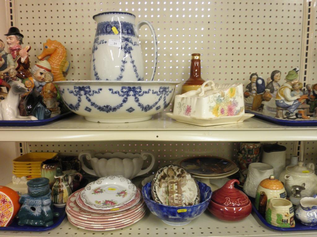 Appraisal: An Edwardian blue printed wash jug and bowl various ornaments