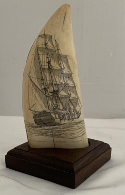 Appraisal: EARLY TH C MONOCHROME SCRIMSHAW WHALE'S TOOTH double sided depicting