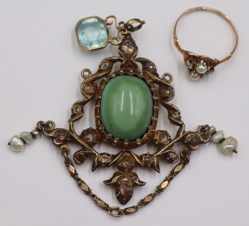 Appraisal: JEWELRY Antique Colored Gem Diamond and Pearl Pendant Antique gilt