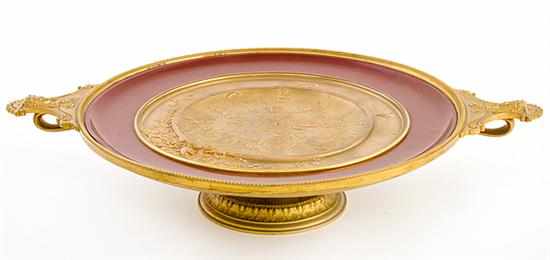 Appraisal: French gilt bronze tazza circa beaded rim flanked by masked