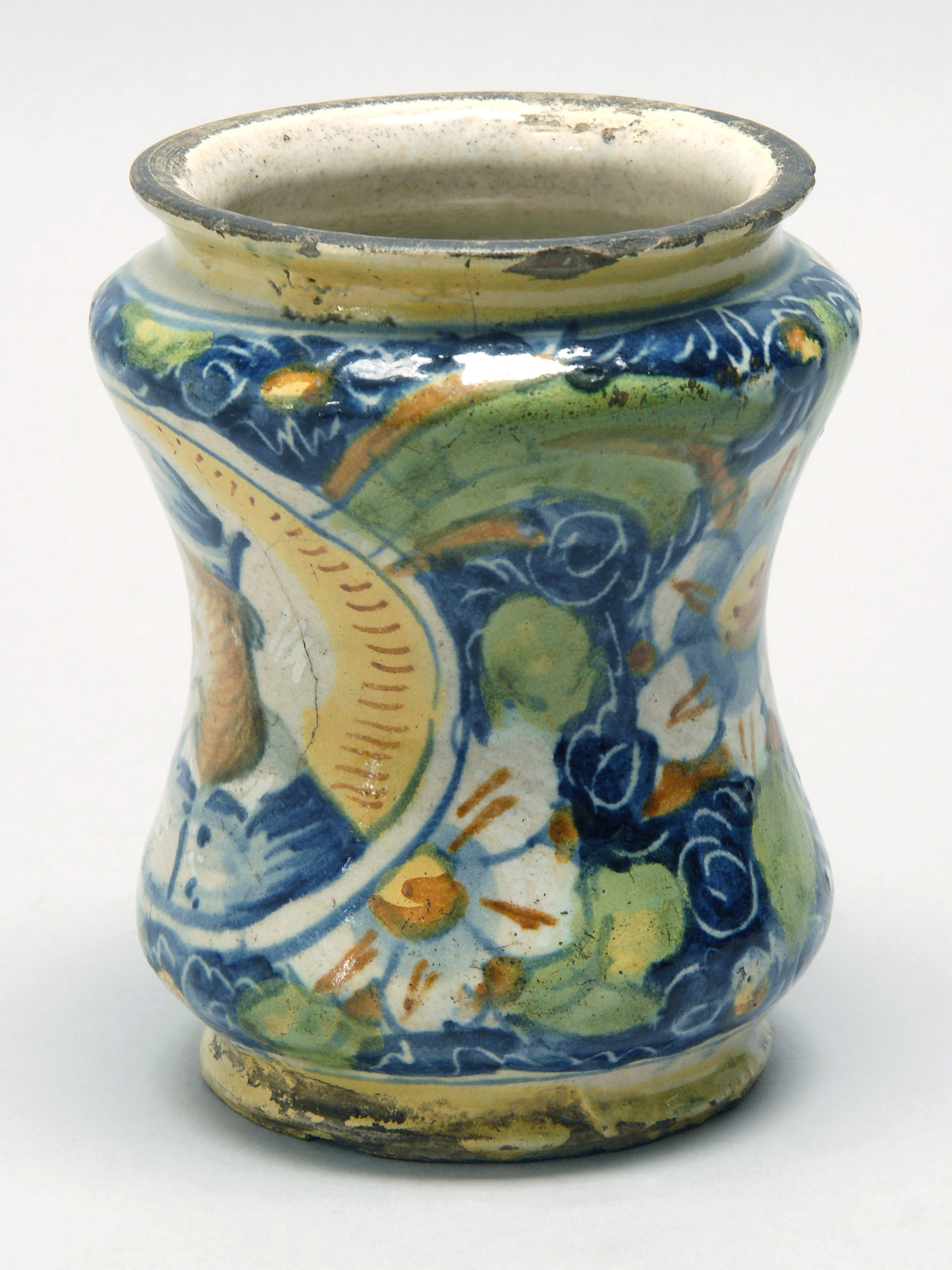 Appraisal: ITALIAN MAJOLICA APOTHECARY ALBARELLO JAR th th CenturyThe waisted cylindrical