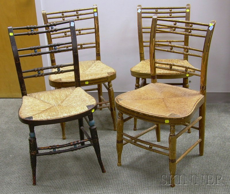 Appraisal: Four Windsor Paint Decorated Fancy Side Chairs with Bamboo Turnings