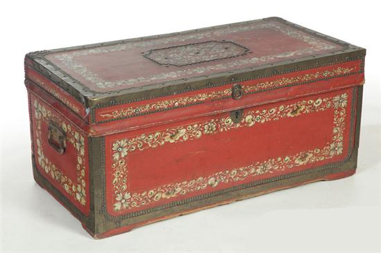 Appraisal: CHINESE EXPORT TRUNK Mid th century Red leather covered wooden