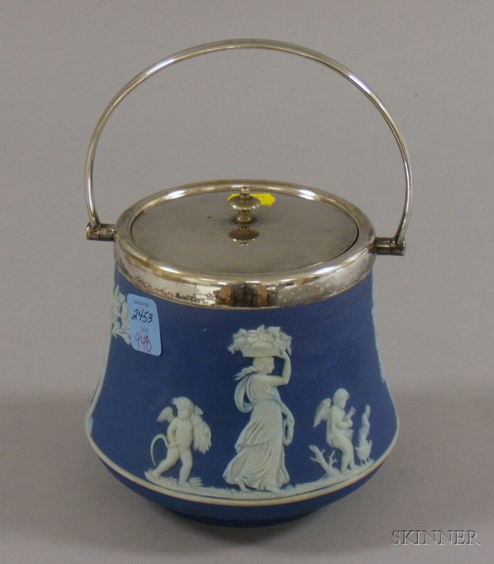 Appraisal: Wedgwood Silver Plate Mounted Dark Blue Jasper Dip Biscuit Barrel