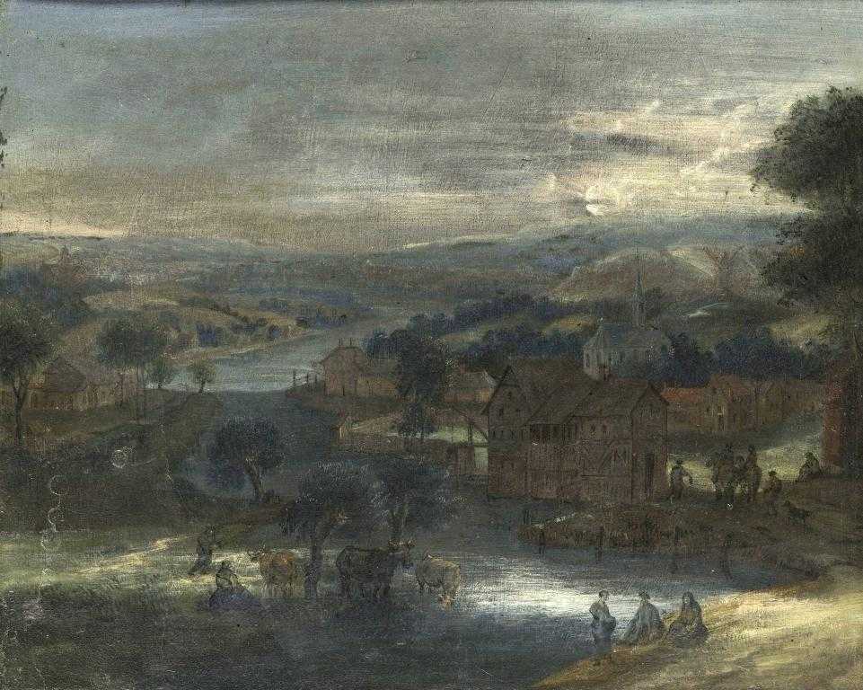 Appraisal: FLEMISH SCHOOL TH CENTURY A MOONLIT LANDSCAPE WITH PEASANTS AND