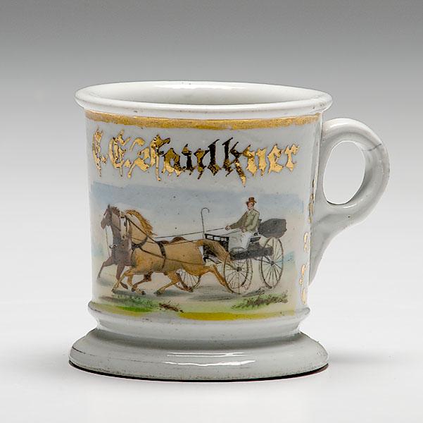 Appraisal: HORSE-DRAWN CAB OCCUPATIONAL SHAVING MUG porcelain with polychrome painted scene