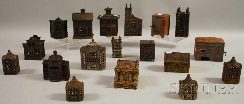 Appraisal: Sixteen Cast Iron Architectural Still Banks and Two Treasure Chests