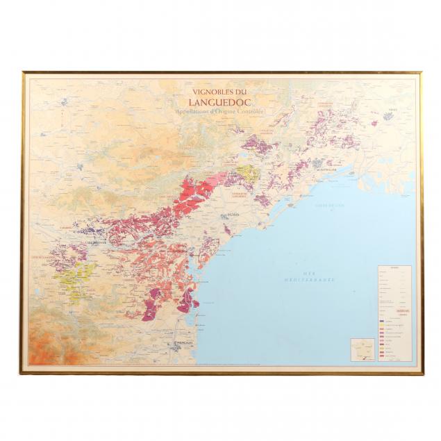 Appraisal: LARGE FRAMED MAP OF THE WINE VINEYARDS OF LANGUEDOC-ROUSSILLON FRANCE