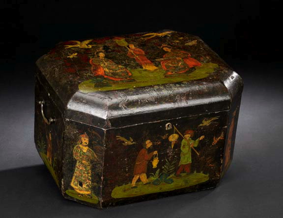 Appraisal: Large English Black-Painted Japanned and Decoupaged Octagonal Desk Box second