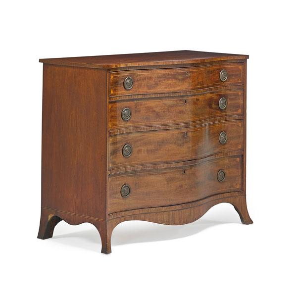 Appraisal: HEPPLEWHITE FOUR DRAWER CHEST Mahogany serpentine front with inlay flared