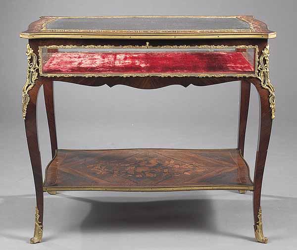 Appraisal: A Louis XV-Style Rosewood Marquetry and Ormolu-Mounted Vitrine Table late